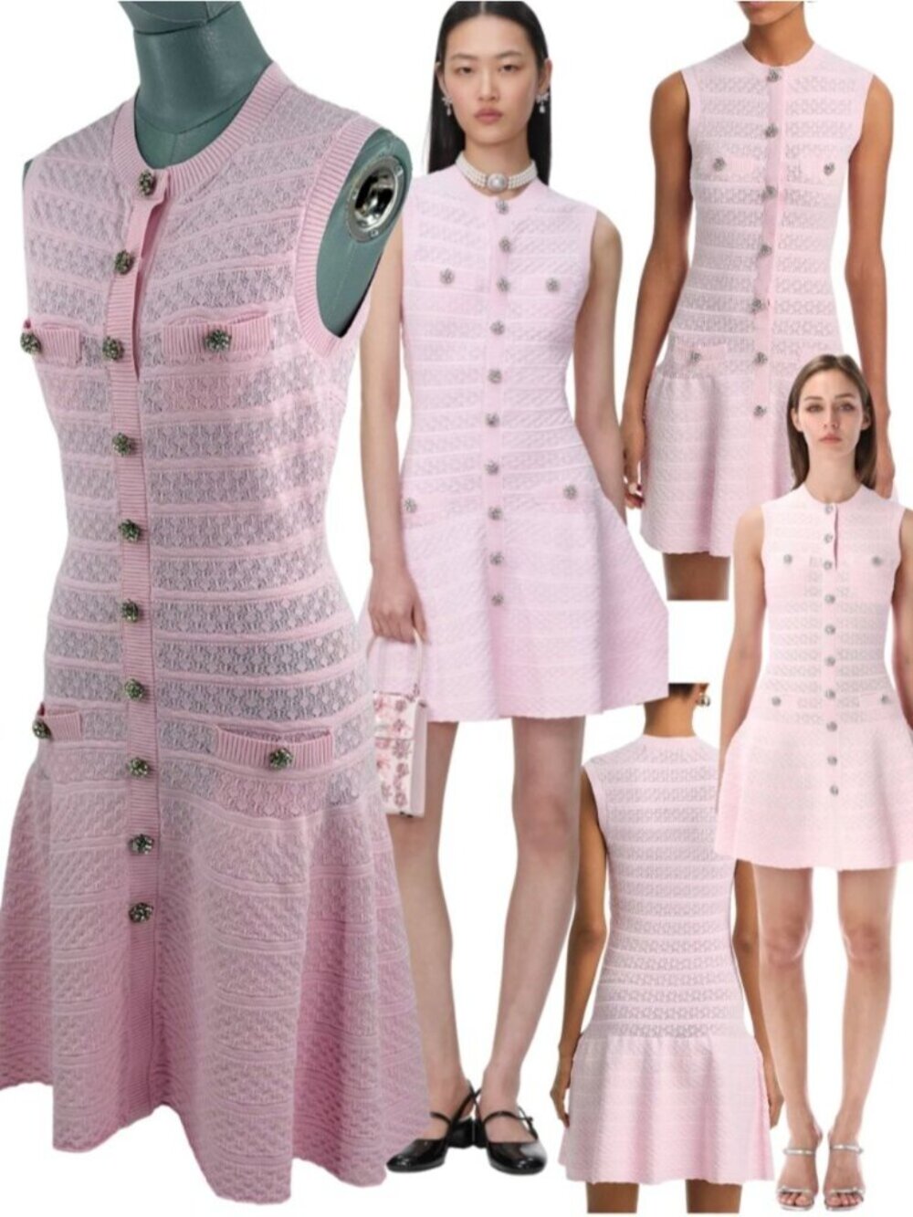 🆕 SELF-PORTRAIT 🧿 NWOT Pink Pointelle Diamante Button Knit Mini Dress, Sz L
